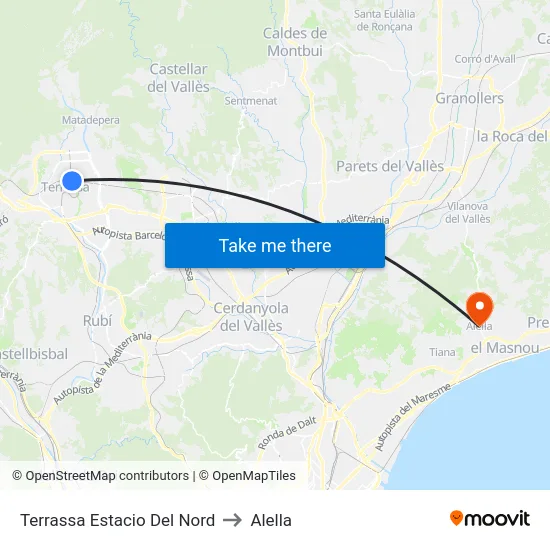 Terrassa Estacio Del Nord to Alella map