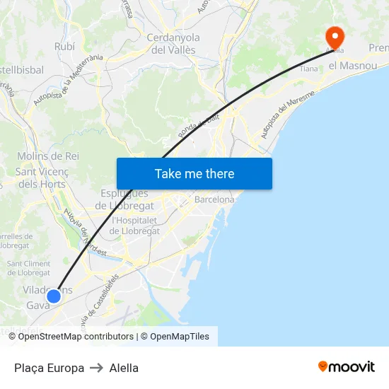 Plaça Europa to Alella map