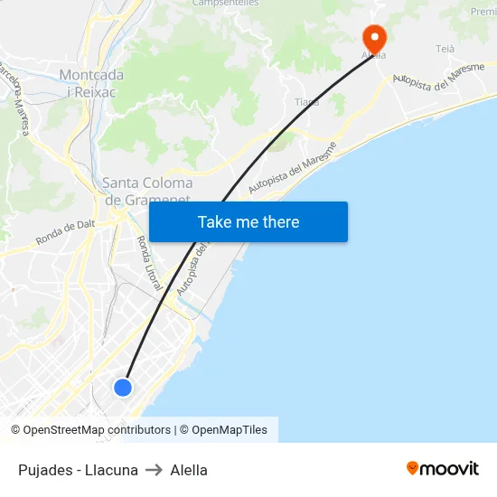 Pujades - Llacuna to Alella map