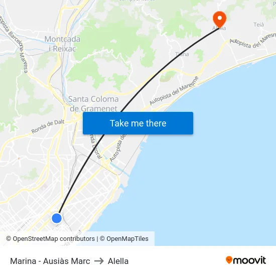 Marina - Ausiàs Marc to Alella map
