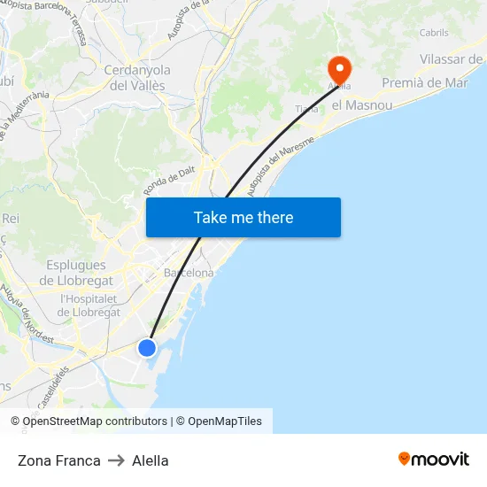 Zona Franca to Alella map