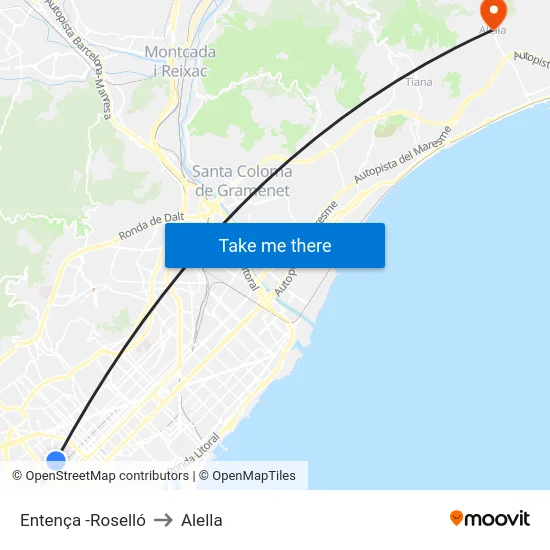 Entença -Roselló to Alella map