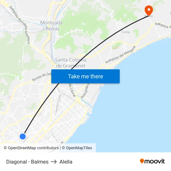 Diagonal - Balmes to Alella map