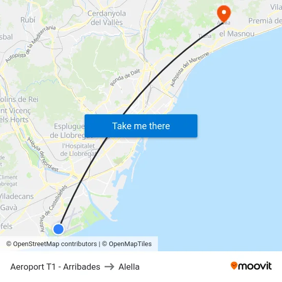 Aeroport T1 - Arribades to Alella map
