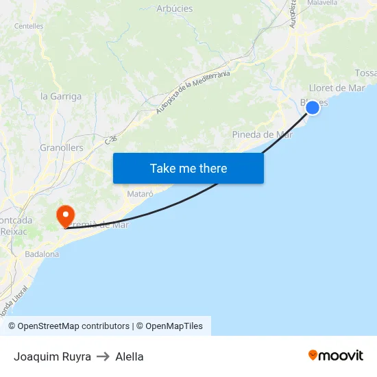 Joaquim Ruyra to Alella map
