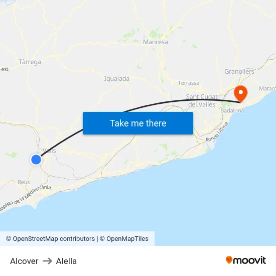 Alcover to Alella map