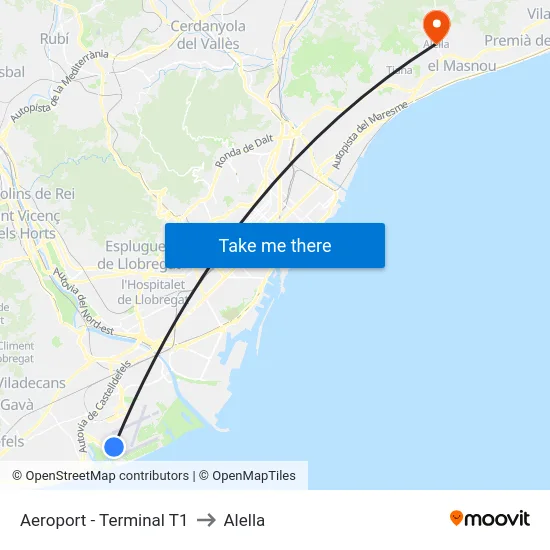 Aeroport - Terminal T1 to Alella map