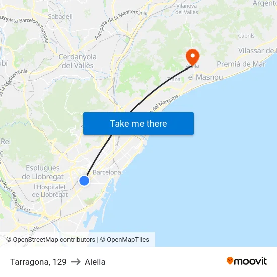 Tarragona, 129 to Alella map