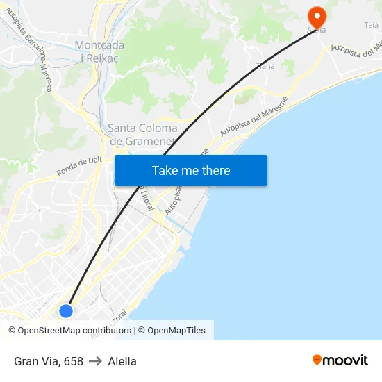 Gran Via, 658 to Alella map