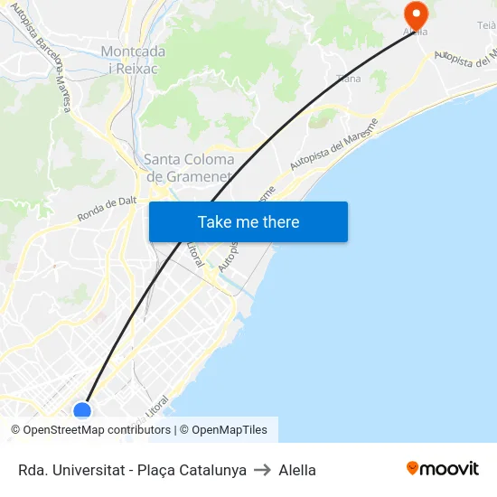 Rda. Universitat - Plaça Catalunya to Alella map