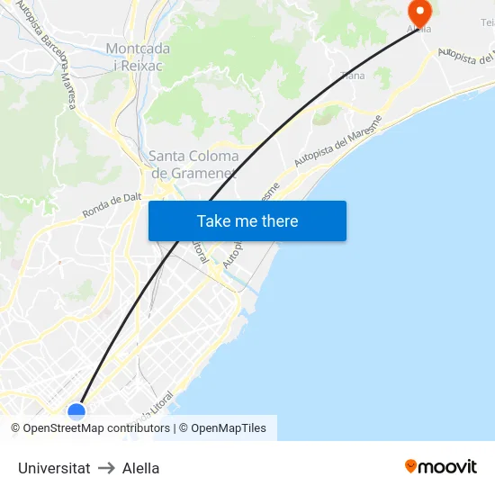 Universitat to Alella map