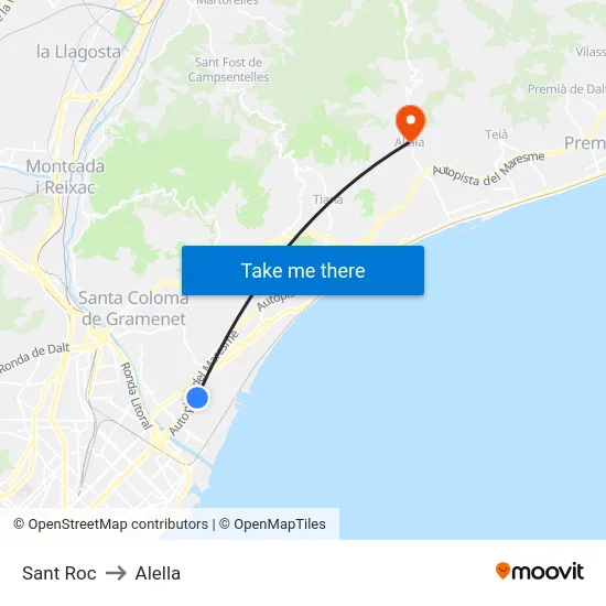 Sant Roc to Alella map