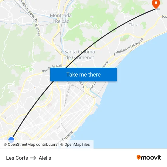 Les Corts to Alella map