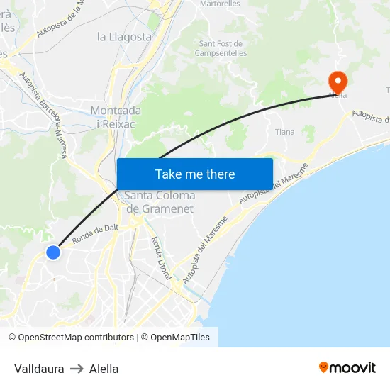Valldaura to Alella map