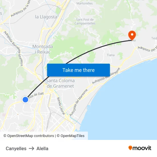 Canyelles to Alella map