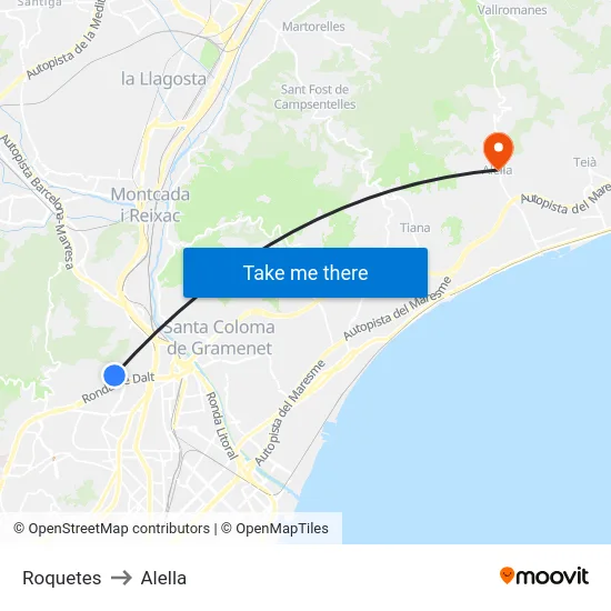 Roquetes to Alella map