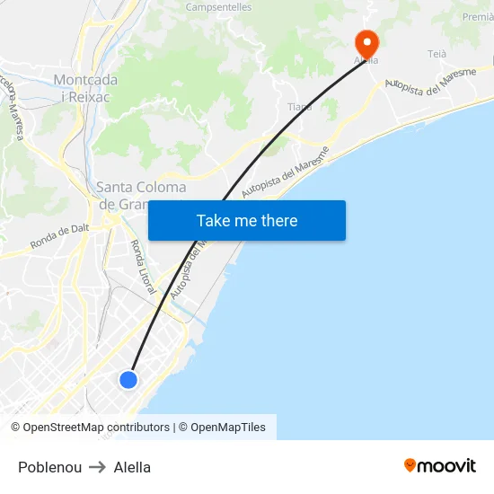 Poblenou to Alella map