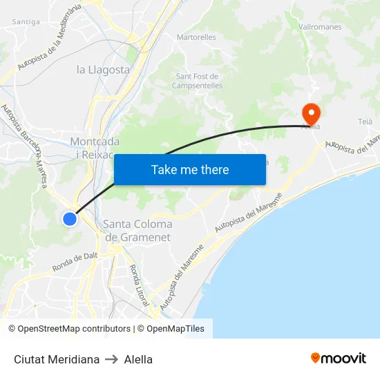 Ciutat Meridiana to Alella map