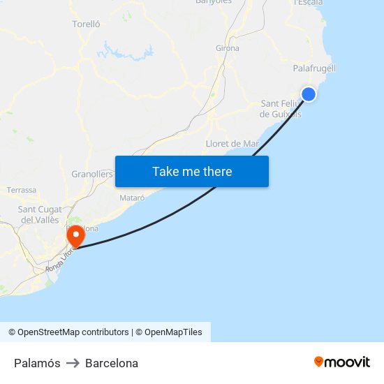 Palamós to Barcelona map