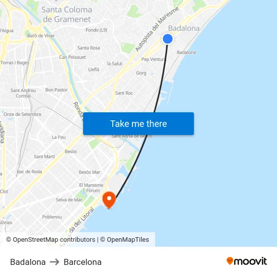 Badalona to Barcelona map