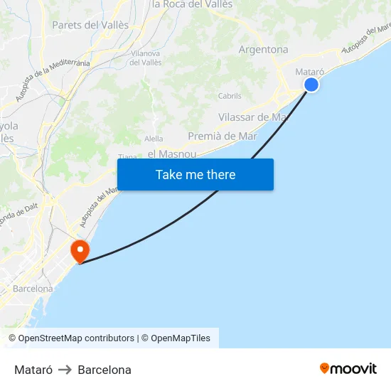 Mataró to Barcelona map