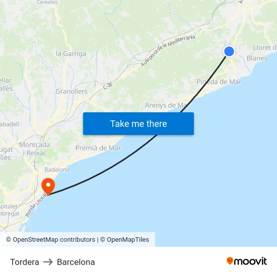 Tordera to Barcelona map