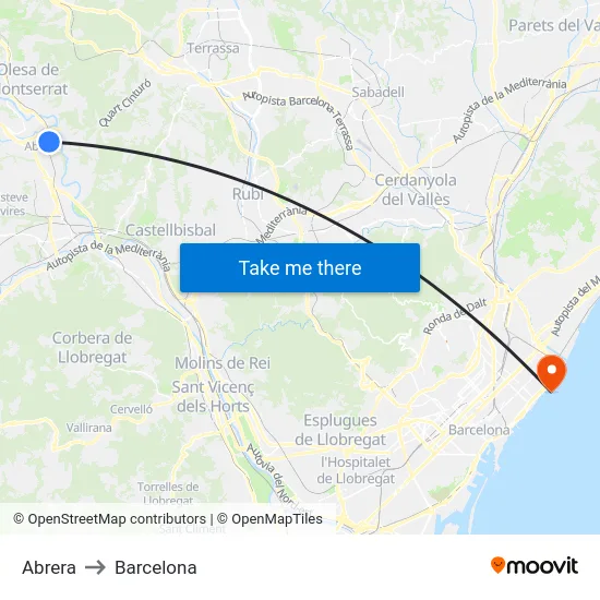 Abrera to Barcelona map