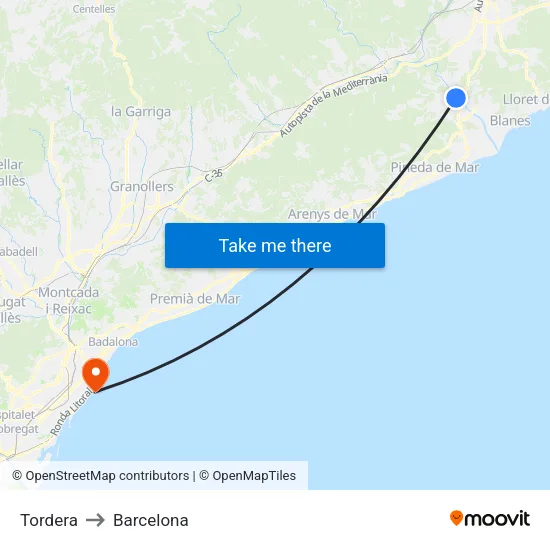 Tordera to Barcelona map