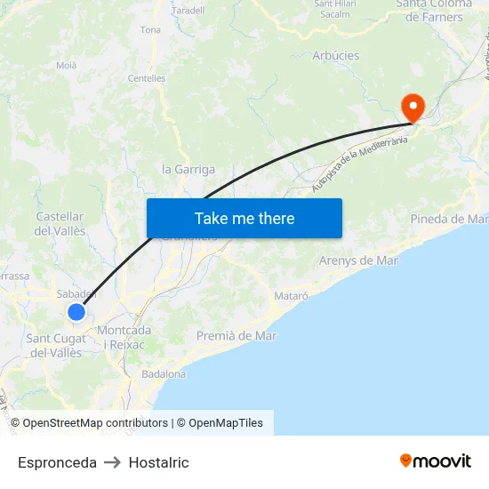 Espronceda to Hostalric map