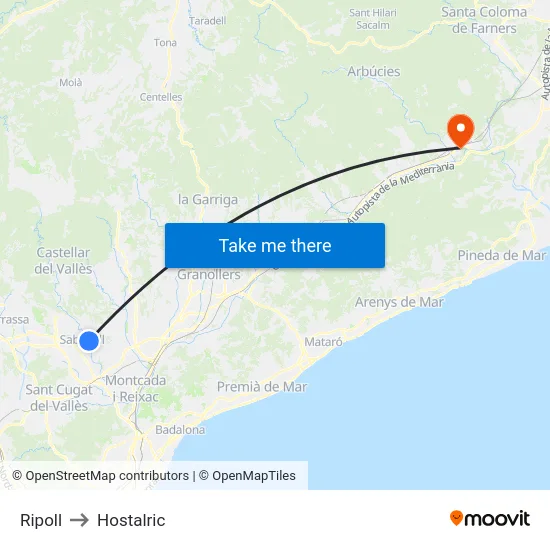Ripoll to Hostalric map