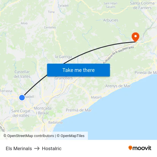 Els Merinals to Hostalric map