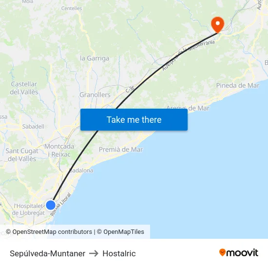 Sepúlveda-Muntaner to Hostalric map
