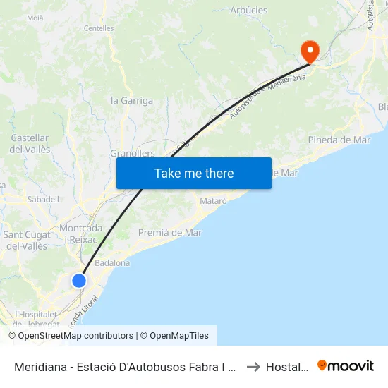 Meridiana - Estació D'Autobusos Fabra I Puig to Hostalric map