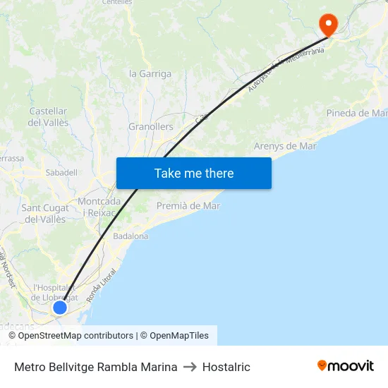Metro Bellvitge Rambla Marina to Hostalric map
