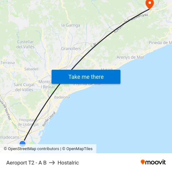 Aeroport T2 - A B to Hostalric map