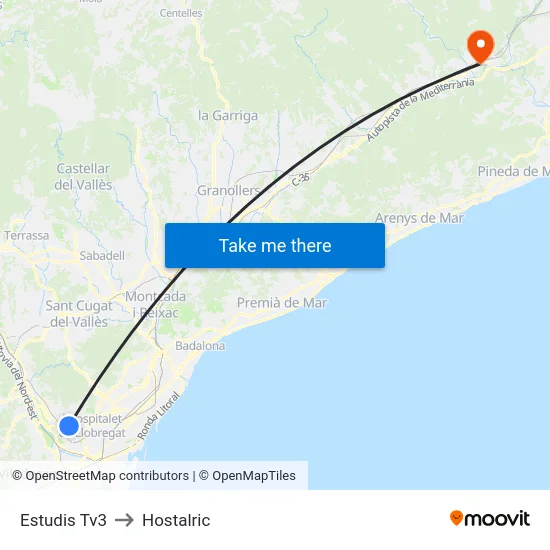 Estudis Tv3 to Hostalric map