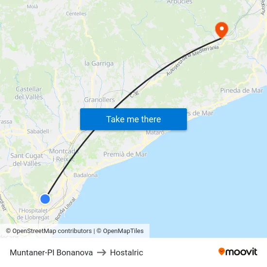 Muntaner-Pl Bonanova to Hostalric map