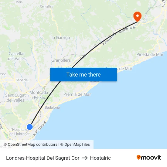Londres-Hospital Del Sagrat Cor to Hostalric map