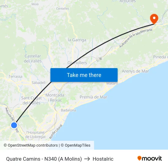 Quatre Camins - N340 (A Molins) to Hostalric map