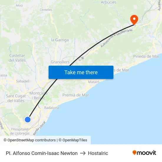 Pl. Alfonso Comín-Isaac Newton to Hostalric map