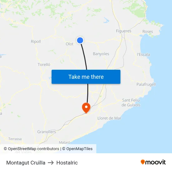 Montagut Cruïlla to Hostalric map