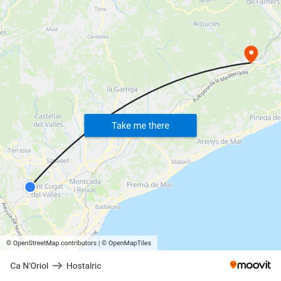 Ca N'Oriol to Hostalric map