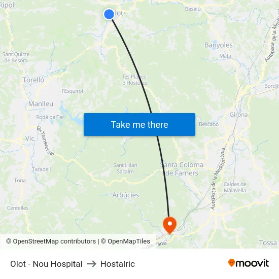 Olot - Nou Hospital to Hostalric map