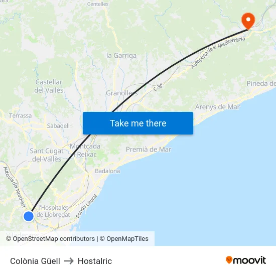 Colònia Güell to Hostalric map