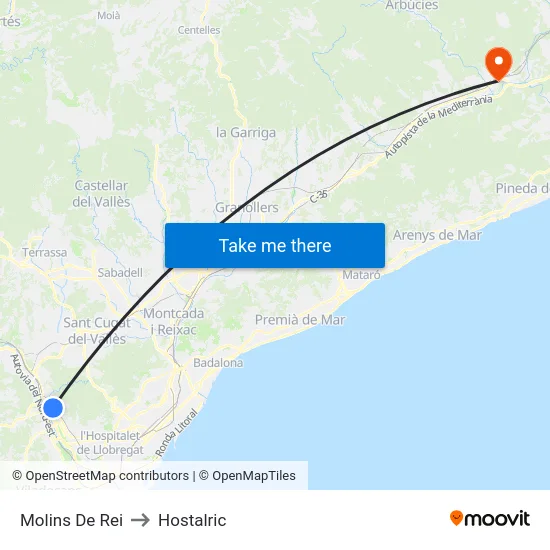 Molins De Rei to Hostalric map