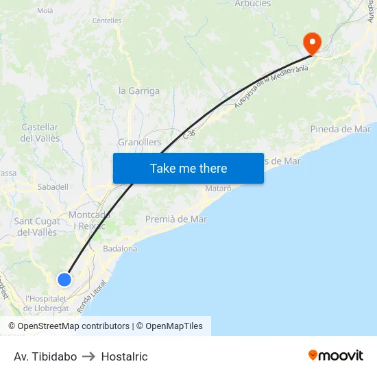 Av. Tibidabo to Hostalric map