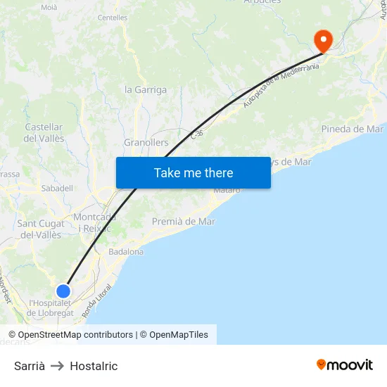 Sarrià to Hostalric map