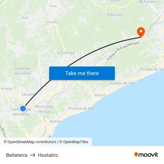 Bellaterra to Hostalric map