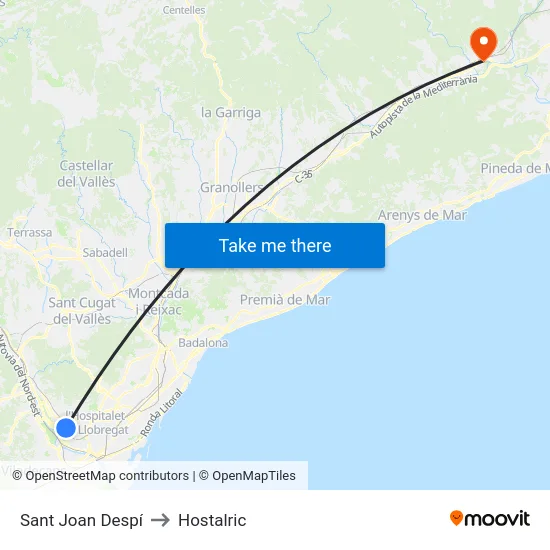 Sant Joan Despí to Hostalric map