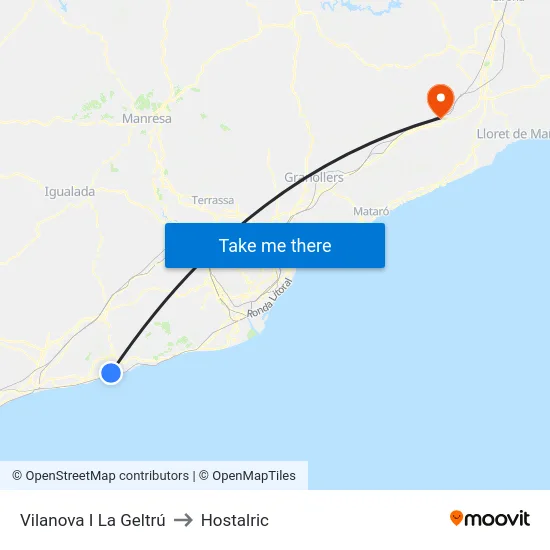 Vilanova I La Geltrú to Hostalric map